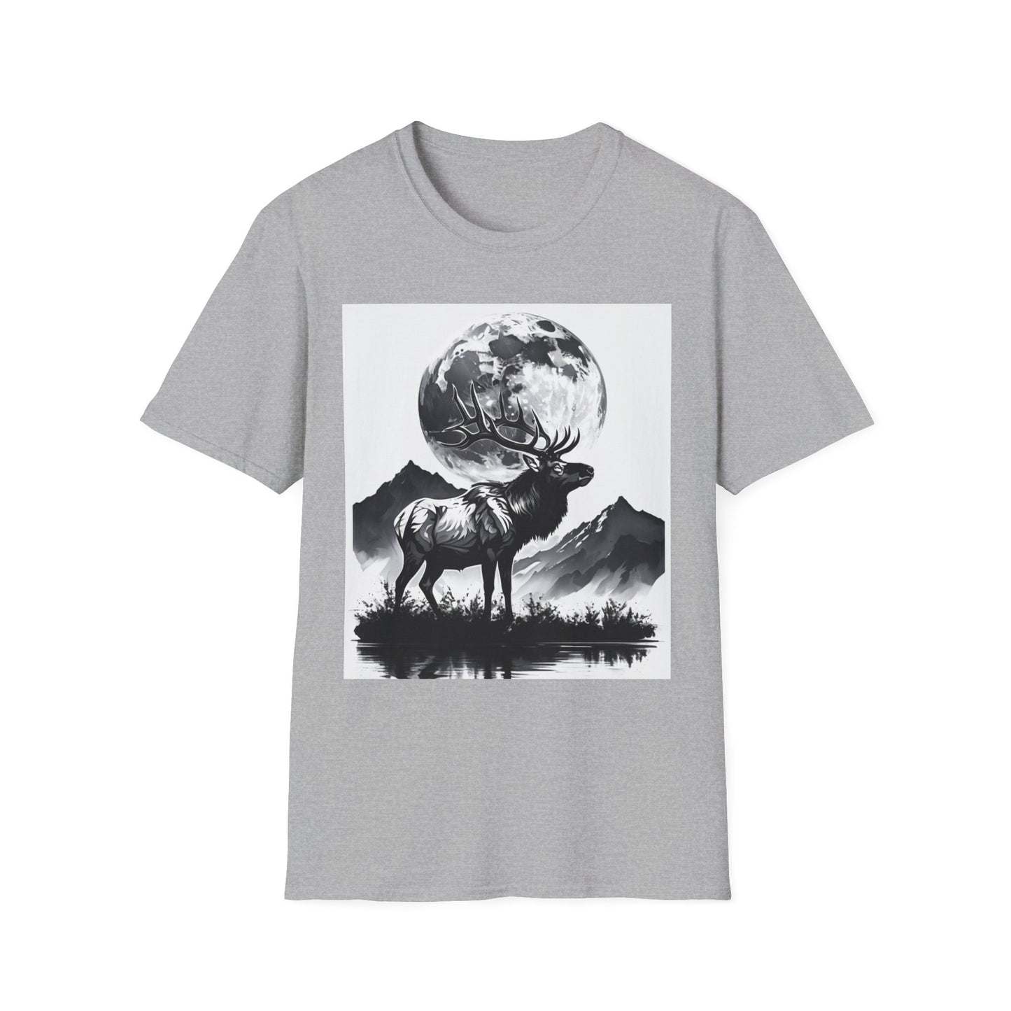 Nature-Themed Graphic Tee, Unisex Softstyle T-Shirt with Elk and Moon Design, Outdoor Lovers Shirt, Nature Lover Gift, Wilderness [...]
