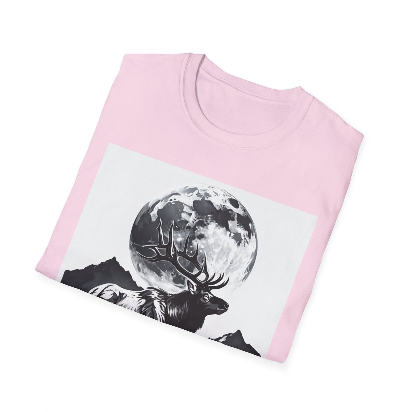 Nature-Themed Graphic Tee, Unisex Softstyle T-Shirt with Elk and Moon Design, Outdoor Lovers Shirt, Nature Lover Gift, Wilderness [...]
