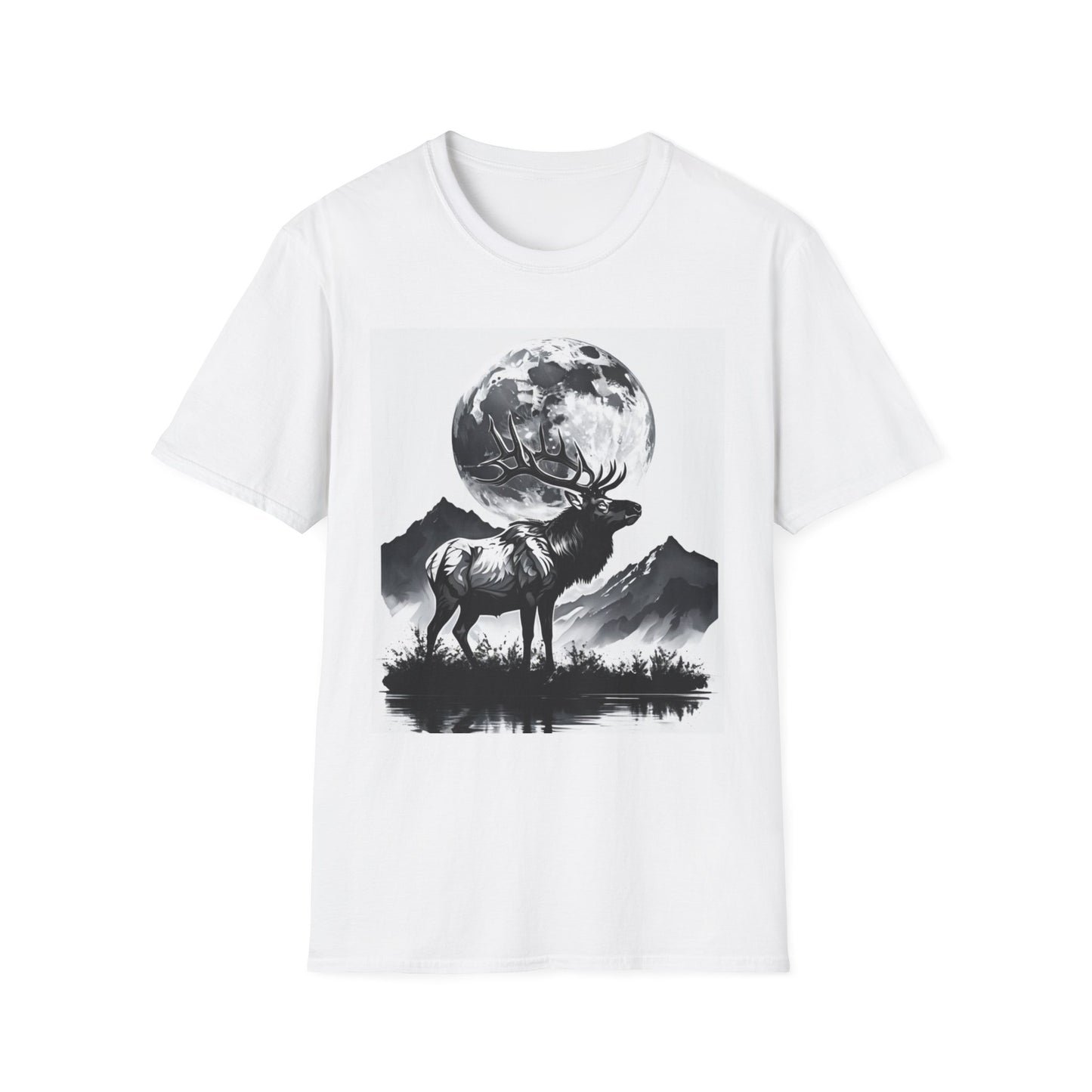 Nature-Themed Graphic Tee, Unisex Softstyle T-Shirt with Elk and Moon Design, Outdoor Lovers Shirt, Nature Lover Gift, Wilderness [...]