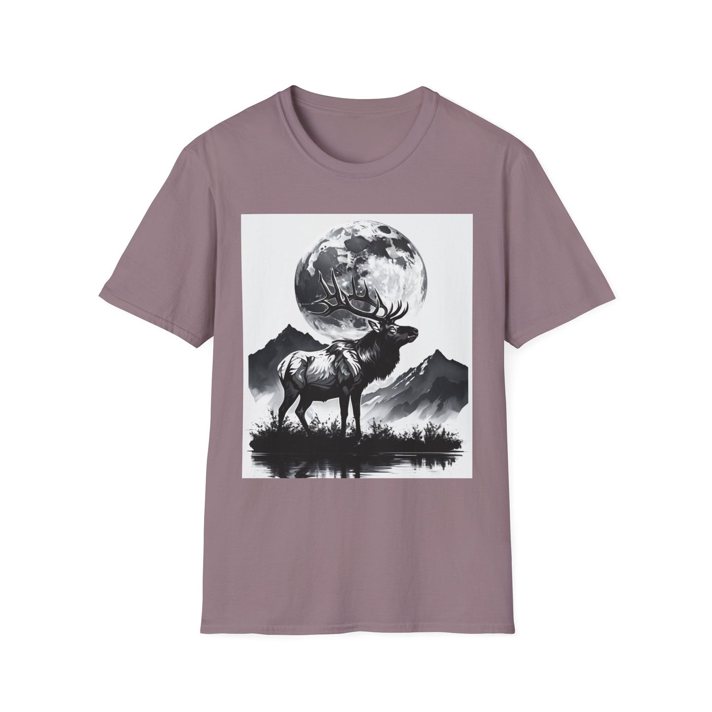 Nature-Themed Graphic Tee, Unisex Softstyle T-Shirt with Elk and Moon Design, Outdoor Lovers Shirt, Nature Lover Gift, Wilderness [...]