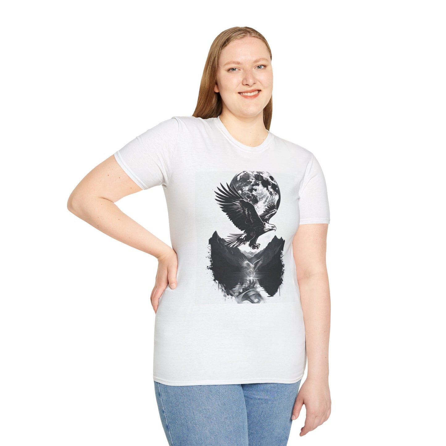 Moonlit Eagle Unisex Softstyle T-Shirt | Bohemian Graphic Tee for Nature Lovers | Perfect for Casual Wear, Outdoor Adventures, Gift Ideas