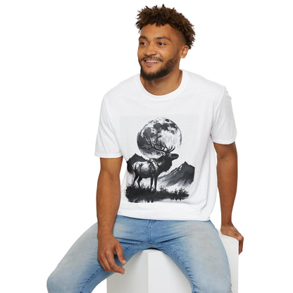 Nature-Themed Graphic Tee, Unisex Softstyle T-Shirt with Elk and Moon Design, Outdoor Lovers Shirt, Nature Lover Gift, Wilderness [...]