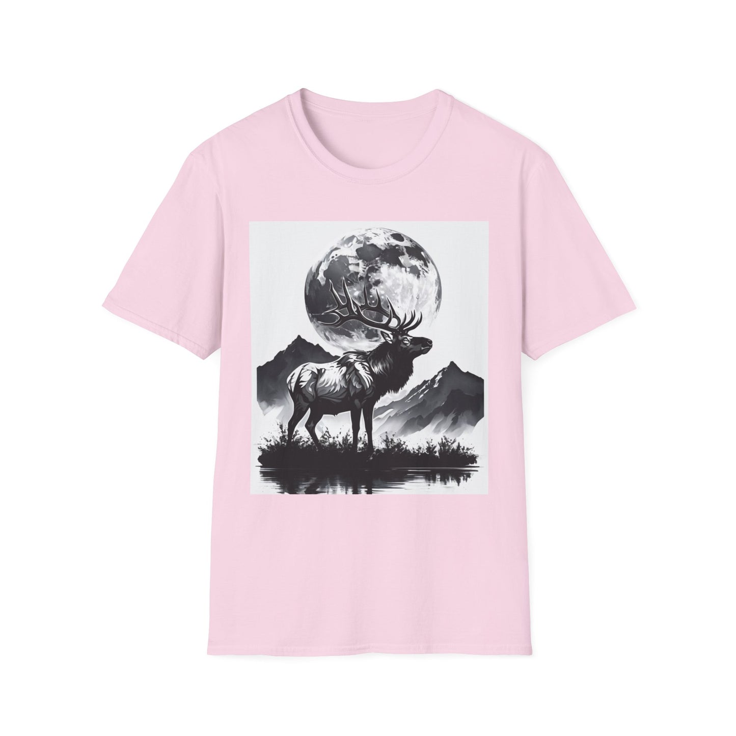 Nature-Themed Graphic Tee, Unisex Softstyle T-Shirt with Elk and Moon Design, Outdoor Lovers Shirt, Nature Lover Gift, Wilderness [...]