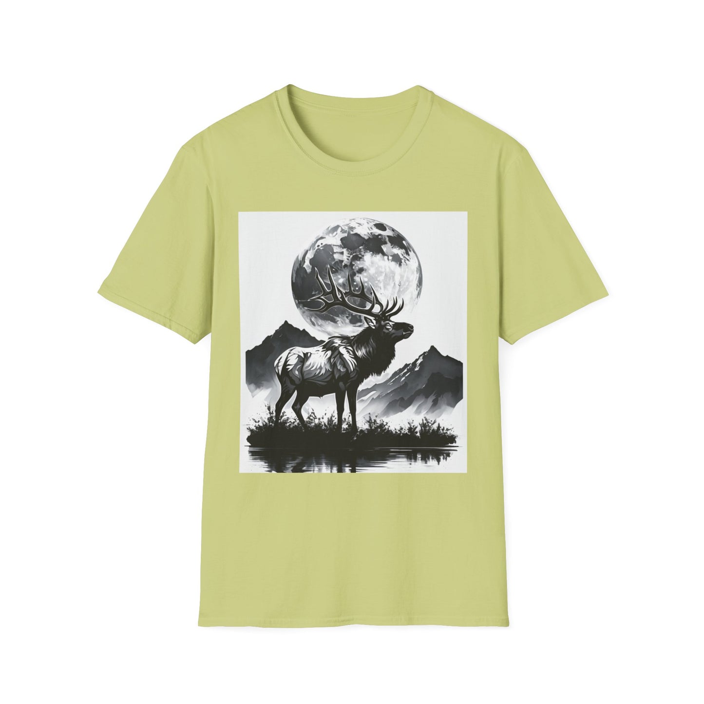 Nature-Themed Graphic Tee, Unisex Softstyle T-Shirt with Elk and Moon Design, Outdoor Lovers Shirt, Nature Lover Gift, Wilderness [...]
