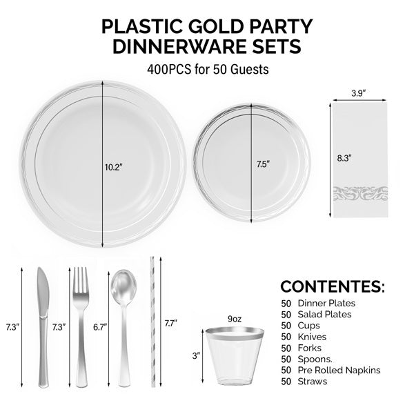 50 Sets Of Flat Plastic Round Silver Disposable Cutlery Containing Large And Small Plates, Cups, Cutlery, Tissues, Straws