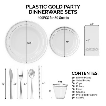 50 Sets Of Flat Plastic Round Silver Disposable Cutlery Containing Large And Small Plates, Cups, Cutlery, Tissues, Straws