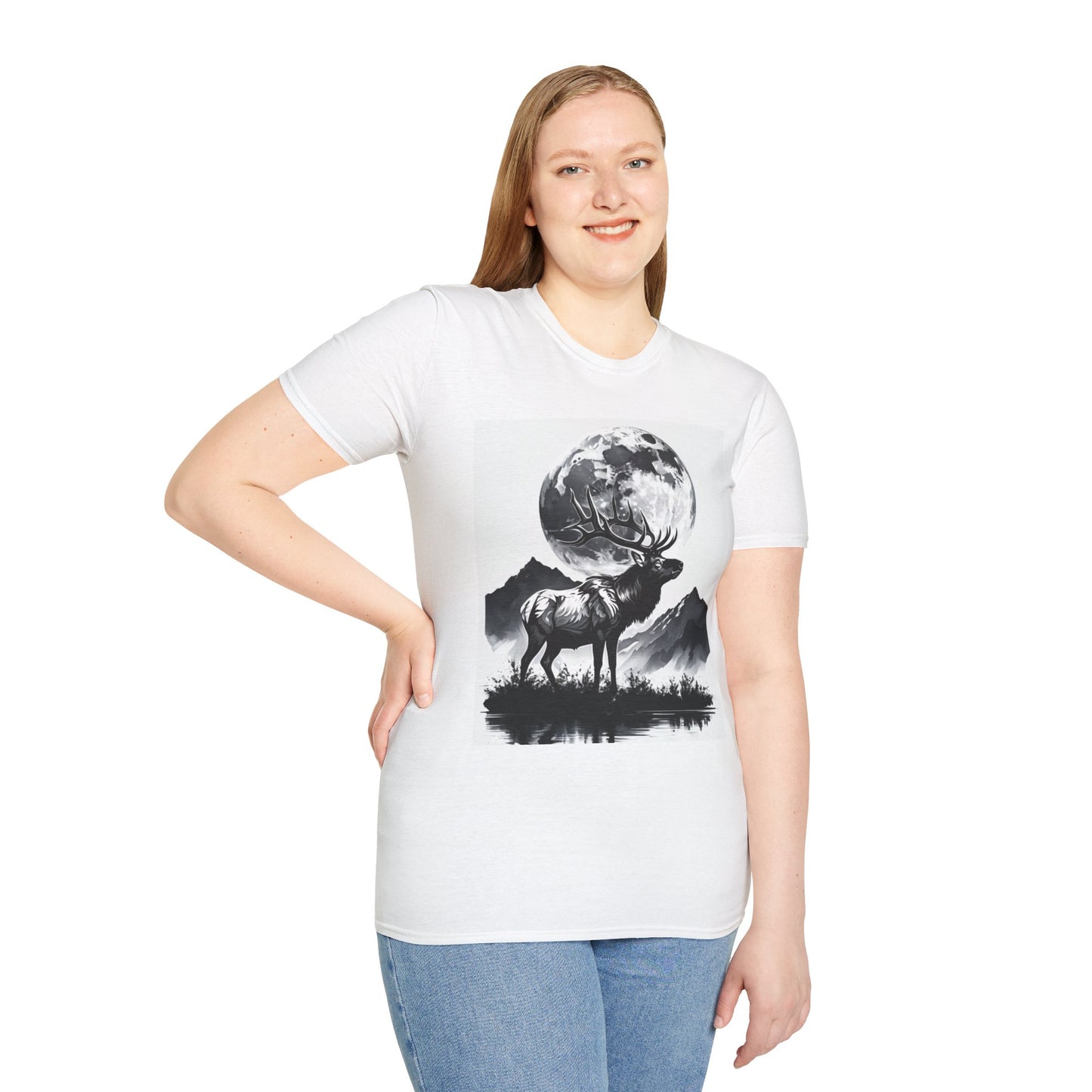 Nature-Themed Graphic Tee, Unisex Softstyle T-Shirt with Elk and Moon Design, Outdoor Lovers Shirt, Nature Lover Gift, Wilderness [...]