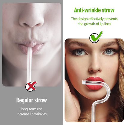 Anti Wrinkle Straw 2 Pcs, Reusable Glass Drinking Anti Wrinkle Straw, Curved No Wrinkle Straws Prevent Wrinkles Sideways Flute Straw, Engaging Lips Horizontally