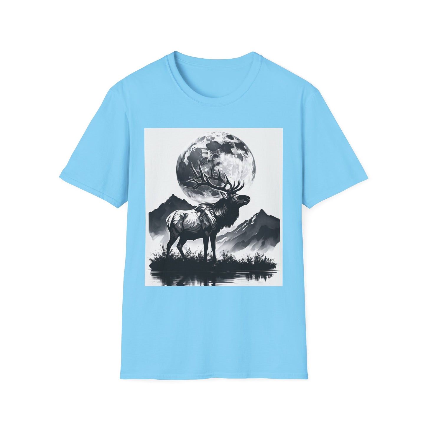Nature-Themed Graphic Tee, Unisex Softstyle T-Shirt with Elk and Moon Design, Outdoor Lovers Shirt, Nature Lover Gift, Wilderness [...]