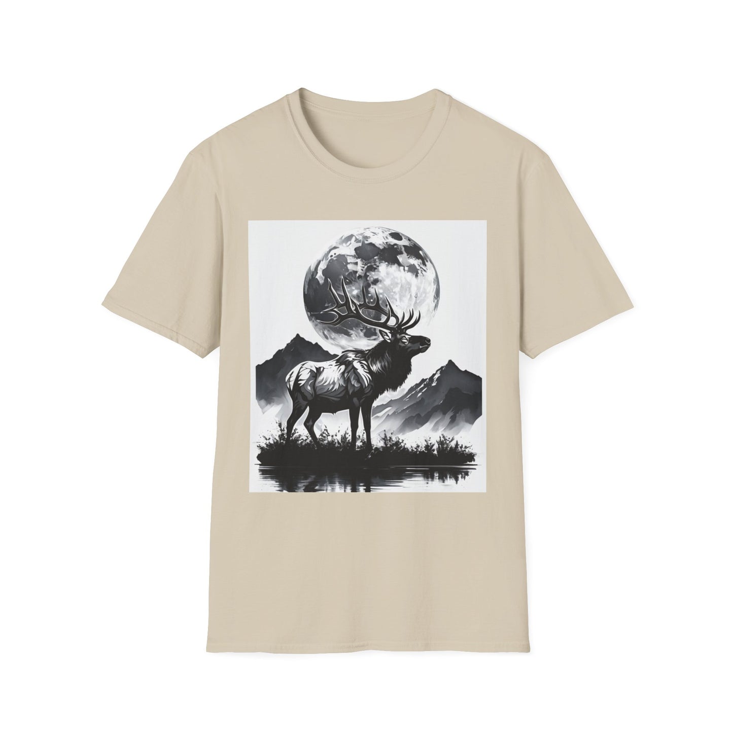 Nature-Themed Graphic Tee, Unisex Softstyle T-Shirt with Elk and Moon Design, Outdoor Lovers Shirt, Nature Lover Gift, Wilderness [...]