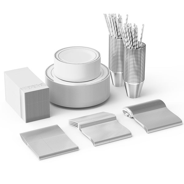 50 Sets Of Flat Plastic Round Silver Disposable Cutlery Containing Large And Small Plates, Cups, Cutlery, Tissues, Straws